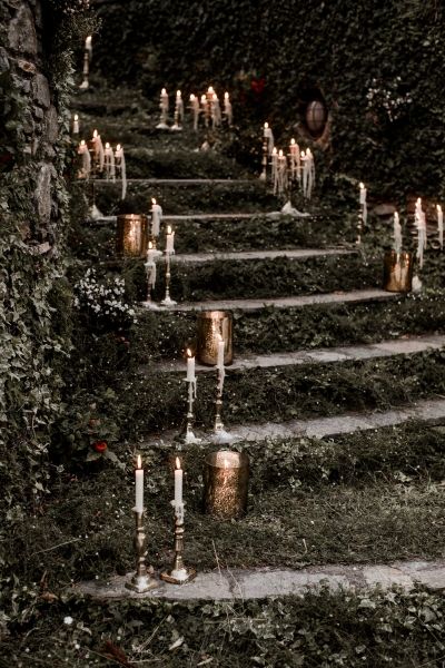 Romantic Fall Wedding Bridesmaids, Vampy Wedding Decor, Candle Lit Staircase, Enchanted Castle Wedding, Romantic Gothic Wedding Decor, Pagan Wedding Decor, Gothic Castle Wedding, Gothic Vintage Wedding, Romantic Gothic Wedding