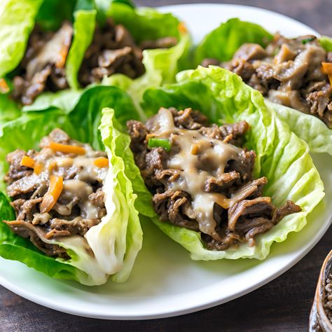 Philly Cheesesteak Lettuce Wraps Philly Cheesesteak Lettuce Wraps, Philly Cheese Steak Lettuce Wraps, Lettuce Wraps Healthy, Steak Dinners, Slow Cooker Lamb, Man Cooking, Philly Cheese, Chicken Lettuce Wraps, Philly Cheesesteak