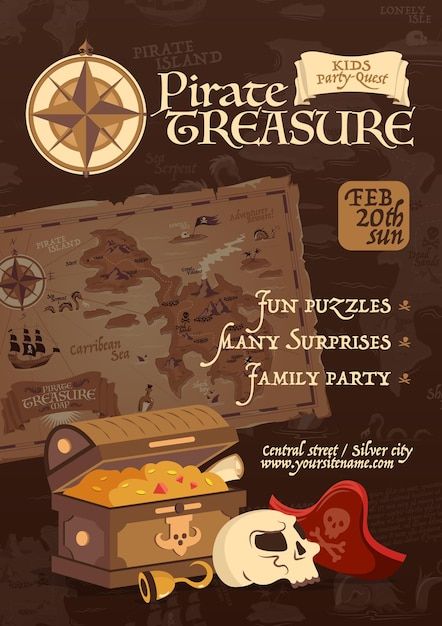 Treasure Hunt Poster, Pirates Poster, Pirates Map, Treasure Poster, Pirates Design, Event Poster Design Inspiration, Pirates Theme, Kids Pirate Party, Pirate Illustration