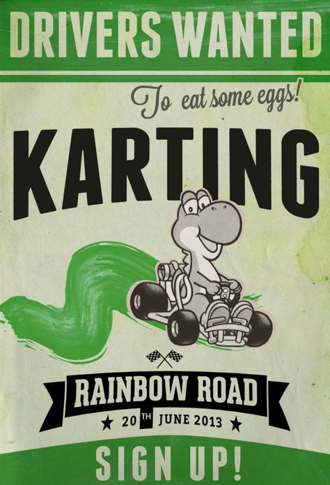 Vintage Mario Kart (Yoshi) by UnexpressiveShoujo on deviantART Mario Kart Poster, Mario Bros Characters, Indie Posters, Mario Poster, Coconut Mall, Mod Board, Mario Kart Party, Mises En Page Design Graphique, Peach Mario