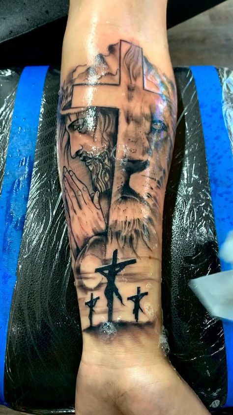 Lion Jesus Tattoo, Jesus Forearm Tattoo, Forearm Tattoos For Guys, Arm Tattoos For Guys Forearm, Sleeve Tattoos For Guys, Half Sleeve Tattoos Forearm, Inner Arm Tattoos, Half Sleeve Tattoos, Inner Arm Tattoo