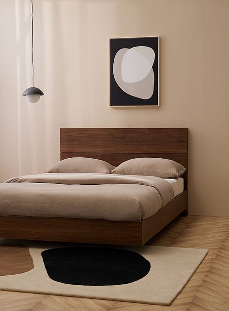 Walnut Interior Bedroom, Scandinavian Bedroom Dark Wood, Beige And Walnut Bedroom, Green Walnut Bedroom, Modern Dark Wood Bedroom, Bed Frame Dark Wood, Hardwood Bed Frame, Dark Wood Bedroom Furniture Wall Color, Bedroom Ideas With Wooden Bed