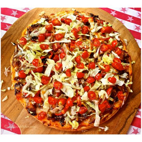 Cowboy Pizza! Pizza Salad, Pizza Day, Smoked Pulled Pork, Frozen Pizza, Shredded Lettuce, Crumbled Bacon, Peppers And Onions, Grape Tomatoes, Cottage Kitchen