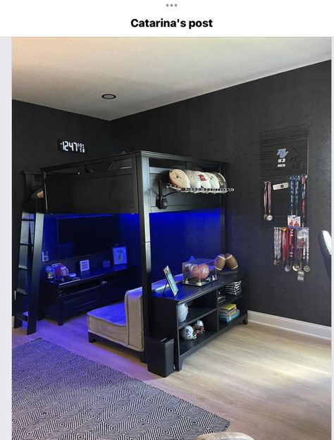 Gamer Bunk Bedroom, Gamer Loft Bed Ideas, Loft Gaming Bed, Loft Bed Gamer Room, Teen Age Boys Room Ideas, Game Room Theme Bedroom, 12 Year Boy Room Ideas, Teenage Gaming Bedroom, Son Bedroom Ideas