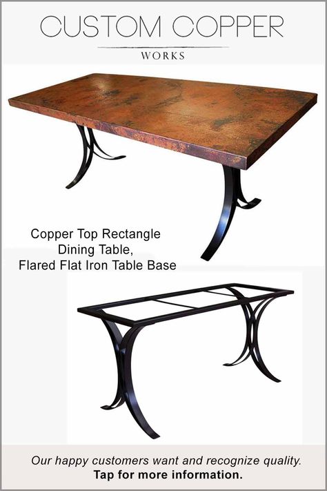 Copper Dining Table, Copper Dining Room, Orange Inspiration, Table Base Design, Copper Top Table, Metal Base Dining Table, Copper Top, Wrought Iron Table, Copper Table