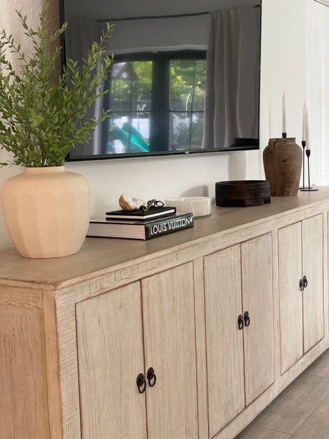 Decorating A Media Console, Organic Modern Tv Console Decor, Tv Console Inspiration, Living Room No Tv Stand, Modern Living Room Tv Console, Sideboard For Tv, Modern Entertainment Center Decor, Apartment Tv Console, Low Tv Console Decorating