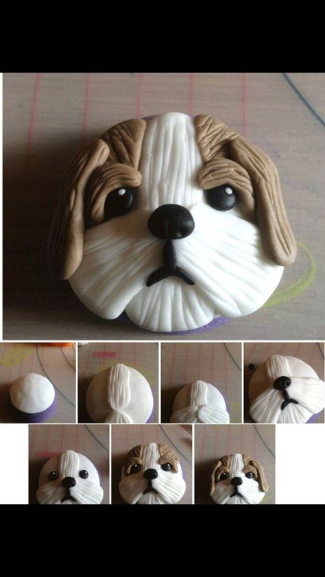 Shih tzu cake Fondant Dog, Dog Cupcakes, Puppy Cake, Animal Cupcakes, Fondant Animals, Fondant Cake Toppers, ดินปั้น Polymer Clay, Animal Cakes, Dog Cakes