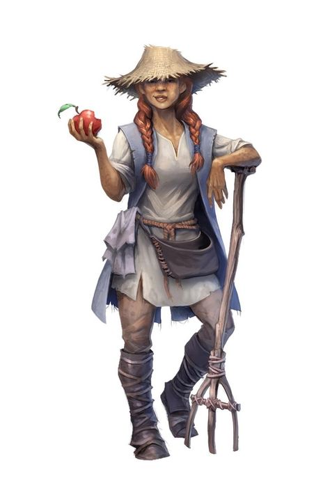 Farmer Character Art, Farmer Oc Art, Fantasy Farmer, Dnd Peasant, Farmer Character Design, Fantasy Wasteland, Pathfinder 2e, Female Farmer, Farm Clothes