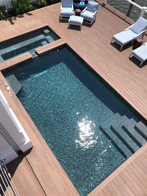 Sun Deck Pool, Pool In Deck, Pool Reference, Outdoor Spa Ideas, Swim Up Bar Pool, Concrete Decks, Pool Layout, Pool Design Plans, Pool With Deck