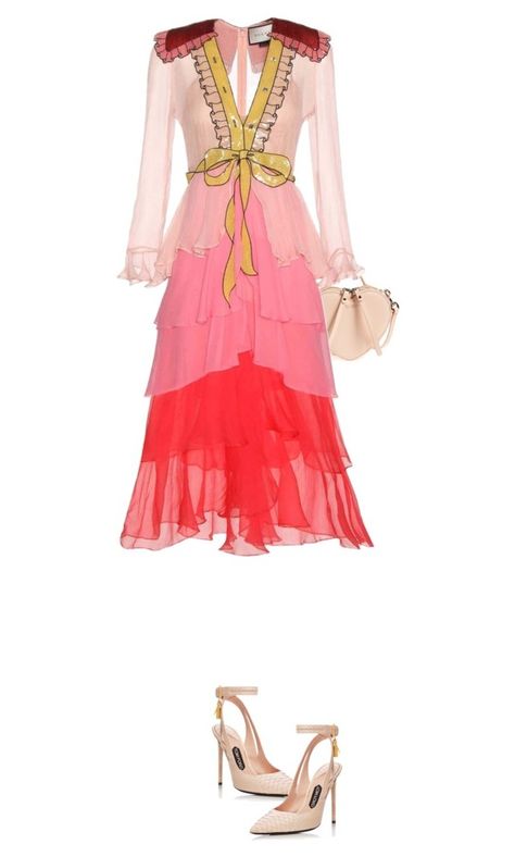 Dress - GUCCI by fashionmonkey1 on Polyvore featuring polyvore, fashion, style, Gucci, Marc by Marc Jacobs and clothing Red Ruffle Dress, Gucci Dress, Chiffon Dresses, Ruffled Dress, Frill Dress, Gucci Gucci, Chiffon Gown, Multicolor Dress, 2024 Fashion