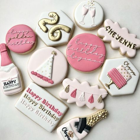 Birthday Cookie Ideas For Women, Good Vibes Cookies, Birthday Cookies Royal Icing Women, Rose Gold Birthday Cookies, Birthday Cookies For Women, 30th Birthday Sugar Cookies, Happy Birthday Sugar Cookies, Birthday Royal Icing Cookies, Custom Cookies Birthday