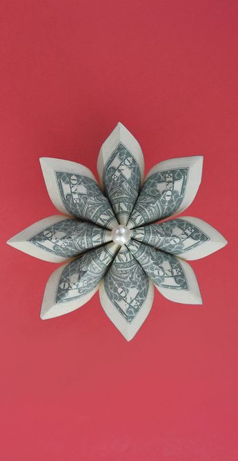 How To Fold Money Into A Flower, Cash Flowers Dollar Bills, Flower Dollar Bill How To Make, Dollar Origami Flower, Easy Money Flowers Diy Dollar Bills, Money Oragami Ideas, Dollar Bill Flowers, Money Flower Bouquet Dollar Bills, Money Bouquet Diy Dollar Bills