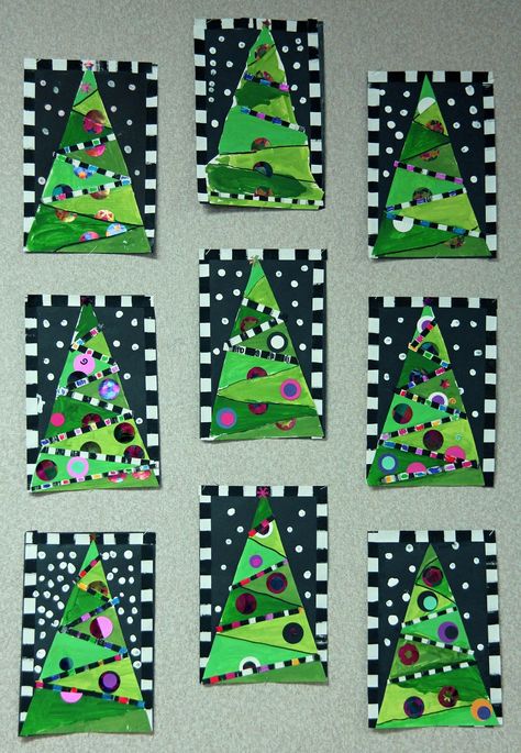 Whimsical Christmas Tree collage Christmas Tree Collage, Collage Tree, Triangle Puzzle, Whimsical Christmas Tree, Tree Collage, Christmas Art Projects, Whimsical Christmas Trees, Winter Art Projects, Christmas Collage