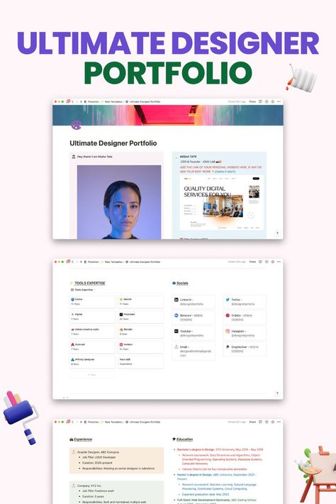 Showcase your design expertise with this customizable notion template and make a lasting impression. This designer portfolio template contains sections like About me, My Skills, Socials, Experience, Education, Projects, Blogs, Case Studies, Testimonials, live projects & contact me. You can also use this portfolio design as your next notion page idea. Showcase your designing ability in a different way by deploying your portfolio website. Don't miss out, Download this now & use this layout idea. Portfolio Design Notion, Portfolio Notion Template, Notion Portfolio, Designer Portfolio, Twitter Design, Portfolio Design Layout, Notion Template, Graphic Designer Portfolio