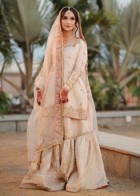 Tea Pink Nikkah Dress, White And Gold Gharara, White And Pink Nikkah Dress, Ivory Nikkah Dress, Ivory Gharara, White Nikkah Dress, White Gharara, Pink Gharara, Nikah Bride