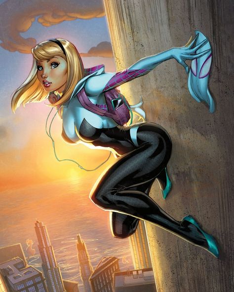 Female Heroes, Embossed Seal, J Scott Campbell, Scott Campbell, Teal Accents, Pop Culture Art, Gwen Stacy, Spider Gwen, Marvel Comics Art