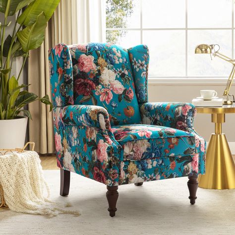 The perfect vintage-look piece to complete your transitional decor, this traditional design wingback accent chair has it all: style, comfort, and durability. With the attractive floral patterned fabric design and spindle legs, it adds a dash of cohesive style. This chair features copper nailhead trim on both the wingback and roll arm with cutaway, adding a touch of elegance and sophistication to its design. Whether placed in your study, living room, or bedroom, it seamlessly blends with traditio Club Bedroom, Wingback Accent Chair, Floral Chair, Wingback Armchair, Velvet Accent Chair, Room Ambiance, Transitional Decor, Accent Chairs For Living Room, Cool Chairs