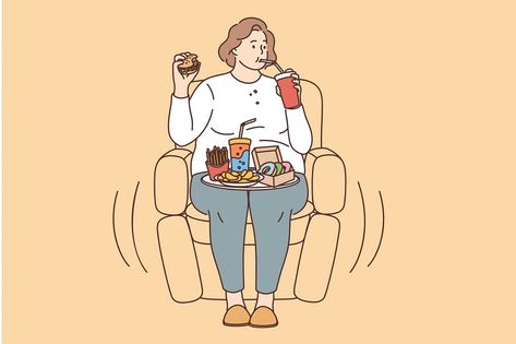 Unhealthy eating, fatness and overeating concept. Young fat overweight woman sitting in armchair and eating fats fries donuts drinking lemonade vector illustration Unhealthy Lifestyle Illustration, Fat Anime Characters, Unhealthy Lifestyle, Fried Donuts, Gym Art, Unhealthy Diet, Carbohydrates Food, Sedentary Lifestyle, Lifestyle Illustration