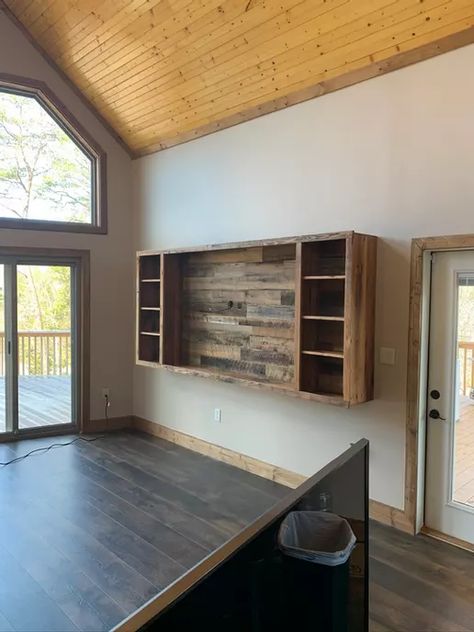 Reclaimed wood floating entertainment center | GALLERY Floating Wall Entertainment Center, Cutesy Decor, Wall Entertainment Center, Mountain Vintage, Floating Entertainment Center, Built In Entertainment Center, Wood Entertainment Center, Wall Shelving, Living Room Entertainment Center