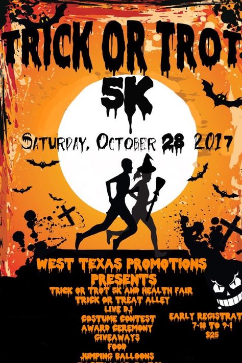 West Texas Promotions brings to you Trick or Trot 5K run / 1 Mile Fun Walk 2017- followed by a Health Fair this October 28th at Album Park. Get the most out of Halloween this year! Put together the best team, villian, hero custume fot the costunme contests! So many ways to bring home medals or trophies. To register visit: https://runsignup.com/Race/TX/ElPaso/TrickorTrot5KEPT - Health Fair- Trick or Treating for the Kids with vendors -Medals for 1st 2nd 3rd place in their respective categorie Halloween Party Fundraiser Ideas, Halloween Fun Run, Halloween 5k, Halloween Run, Halloween Beer, Charity Run, 5k Run, Health Fair, Team Fundraiser