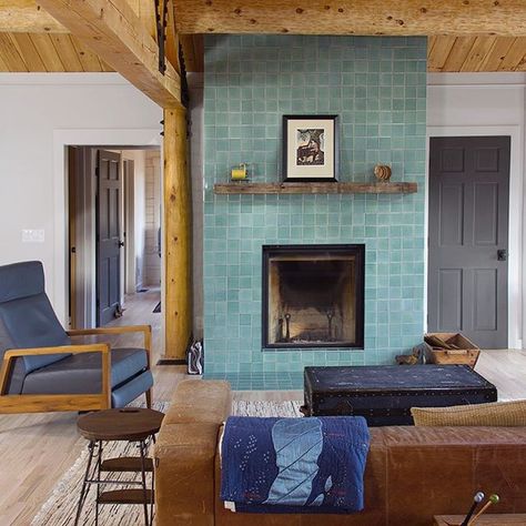 Floor to ceiling fireplace tile? Yes please! ✔️  This rental property features our 4x4s in Sea Foam. Design: @joanffolliott   #handmade #tile #fireplace Fireplace Tile Ideas, Tall Fireplace, Fresh Living Room, Fireplace Tile Surround, Glazed Brick, Patio Fireplace, Fireclay Tile, Tile Trends, Zellige Tile