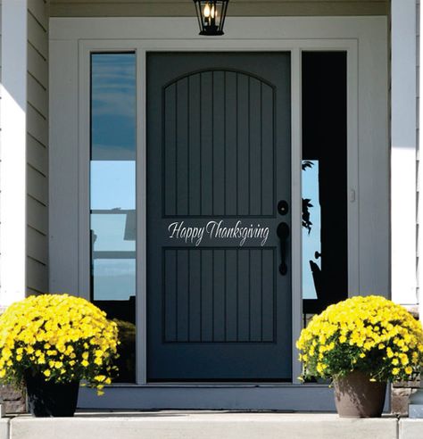 A fun way to greet guests for the holidays! Thanksgiving wall decal can be customised. Front Door Decals, Doors With Windows, Front Door Numbers, Front Door Decal, Office Door Signs, Pretty Letters, Front Doors With Windows, Name Wall Decals, Door Decals