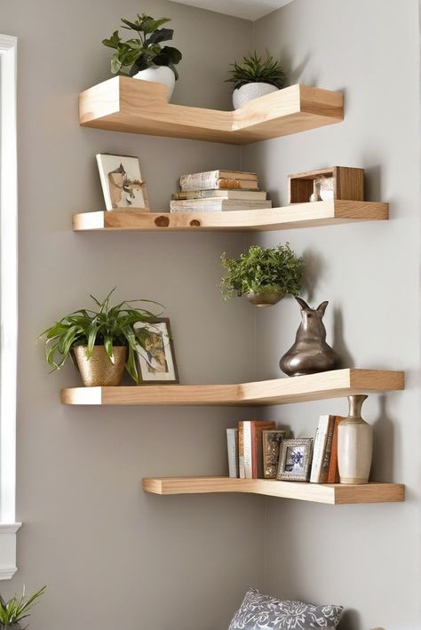 DIY project, corner shelves, stylish design, home decor Wall Corner Shelves Bedroom, Corner Shelves Lounge, Corner Picture Shelves, Dining Room Corner Shelves, Corner Shelves Decor Ideas Living Room, Corner Wall Bedroom Ideas, Office Corner Shelves, Corner Shelves In Living Room, Corner Furniture Ideas Bedroom