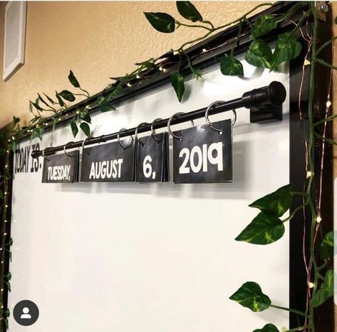 Magnetic Curtain Rod, Farmhouse Classroom, Classroom Goals, Classroom Hacks, Classroom Makeover, Magnetic Curtain, Hanging Calendar, Classroom Layout, Elementary Classroom Decor