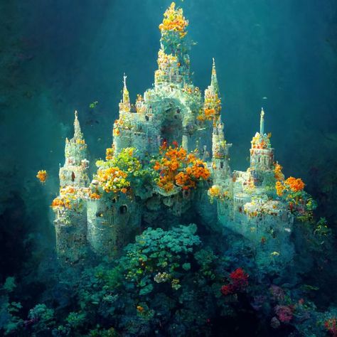 Underwater World Concept Art, Under Water Fantasy Art, Coral City Fantasy Art, Coral Reef Underwater, Underwater Castle Fantasy Art, Underwater Bedroom Fantasy Art, Mermaid City Underwater, Underwater Kingdom Fantasy Art, Under Water Castle