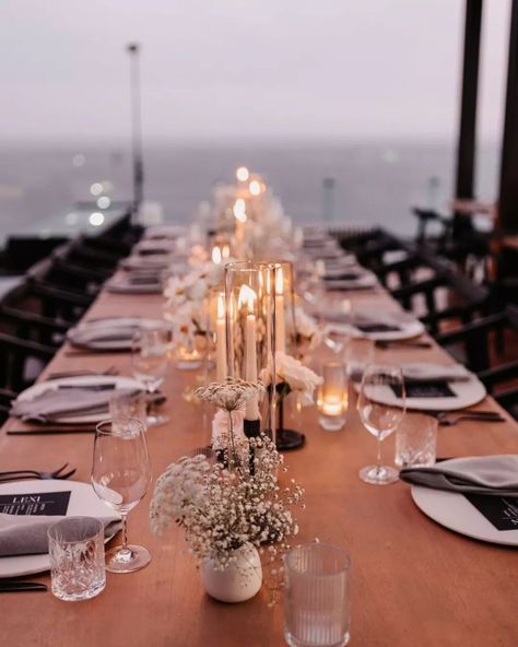 Timeless and chic black and white Cabo rooftop wedding reception Black And White Reception, Rooftop Wedding Reception, Candlelit Reception, White Reception, Rooftop Party, Cabo Wedding, Table Setting Decor, Reception Details, Cabo Weddings