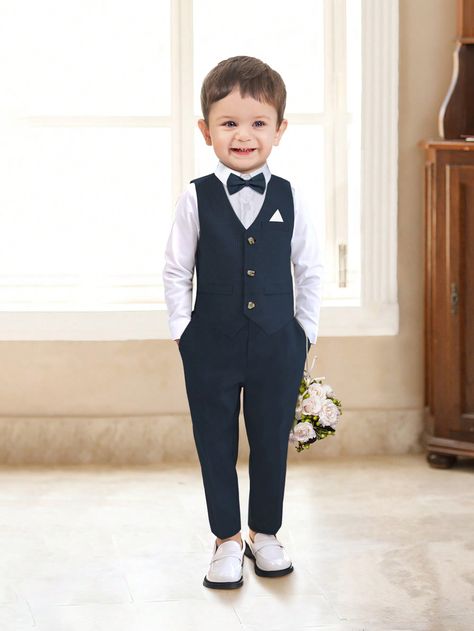 Young Boy 2024 New Gentleman Suit Set, Children's Shirt Vest Bow Tie Pants 4-Piece Set, Boys' Performance Clothing For Wedding School And Festival Occasions, Formal Wear Navy Blue Party    Cartoon,Plain,Plants  Slight Stretch All Young Boys Clothing, size features are:Bust: ,Length: ,Sleeve Length: Boys Tuxedo Wedding, Ring Bearer Outfit Navy, Boys Party Wear, Bow Tie Pants, Gentleman Suit, Navy Blue Party, Boys Formal Wear, Wedding Outfit For Boys