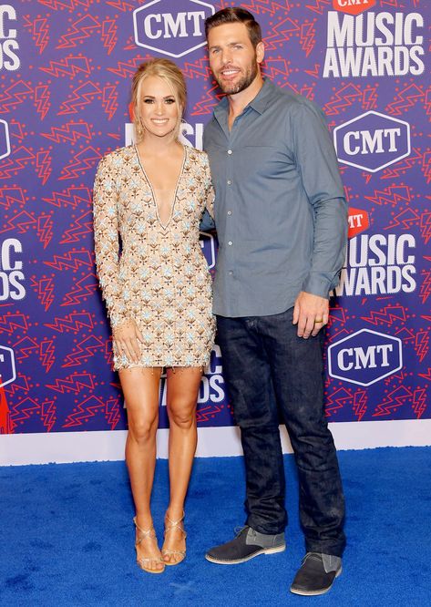 CMT Awards 2019: Country Music Couples Take the Blue Carpet Carrie Underwood And Mike Fisher, Mike Fisher, Cmt Awards, Plunge Mini Dress, Music Power, Blue Carpet, Country Music Stars, Sports Stars, Carrie Underwood