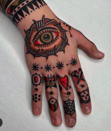 Hand Traditional Tattoo, Traditional Hand Tattoo, Red Tattoo Ideas, Old School Tattoos, Red Ink Tattoo, Engraving Tattoo, Knuckle Tattoos, Hand And Finger Tattoos, Tattoo Old School