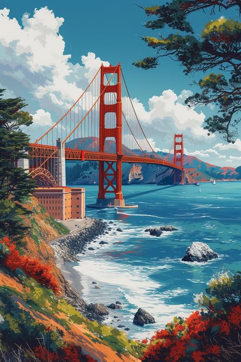 ✨💡Travel Wall Art with Midjourney Prompts - Click on the Link in my Bio👉🔗 California Illustration Art, Golden Gate Bridge Acrylic Painting, California Burritos, California Illustration, Huawei Wallpapers, Paris Wallpaper, San Francisco Art, Planets Wallpaper, The Golden Gate Bridge