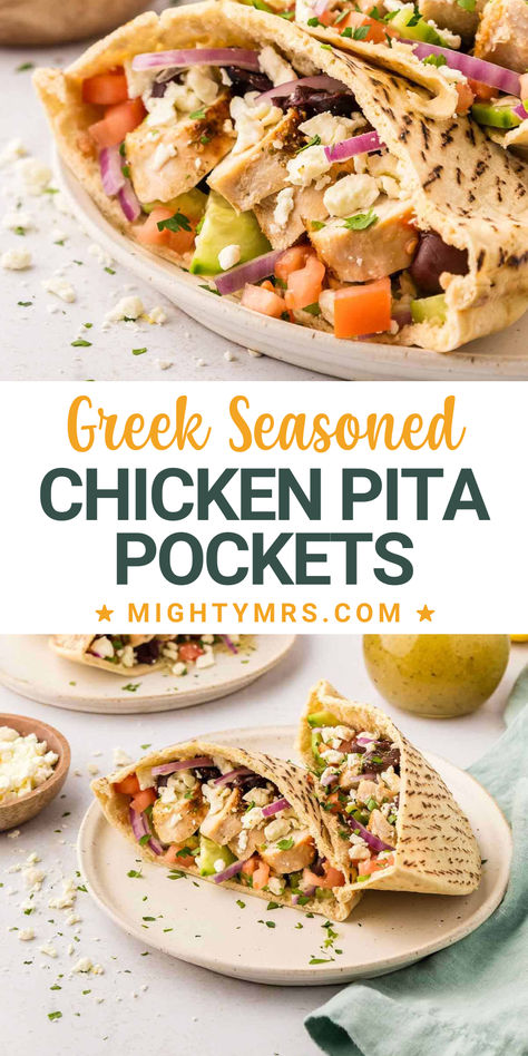 These Greek seasoned chicken pita pockets have a ton of flavor without a lot of effort! Lemony Greek seasoned chicken bites along with crisp cucumbers, plump tomatoes, spicy red onion, feta, and briny olives are tucked into a pita pocket and drizzled with Greek dressing. Perfect for a low-effort dinner or lunch any day of the week! Dinner With Pita Bread, Healthy Chicken Pita Recipes, Easy Pita Pocket Recipes, Pita Pocket Ideas, Greek Lunch Recipes, Chicken Pitas Recipes Easy, Greek Chicken Pita Pockets, Chicken Pita Pocket Recipes, Pita Recipes Chicken