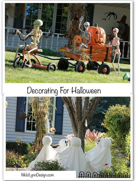 Looking for some cute ideas for outdoor decorating for Halloween? LOVE this yard in my neighborhood! It might spark ideas for your own fall yard displays. Porche Halloween, Halloween Yard Displays, Cheap Diy Halloween Decorations, Halloween Outside, Hallowen Ideas, Decoration Evenementielle, Fröhliches Halloween, Diy Halloween Decor, Skeleton Decorations