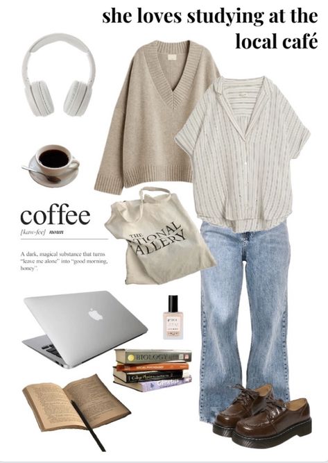 Coffee Morning Outfit, Study At Cafe Outfit, Working At Coffee Shop Outfit, Cute Coffee Outfits, Outfits For Coffee Shop, Coffee Shop Style Outfits, Cozy Coffee Date Outfit, Coffee Clothes Aesthetic, Going For Coffee Outfit