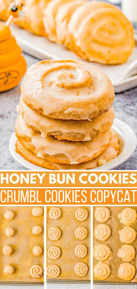 Honey Bun Cookies, Confetti Cake Cookies, Cookies Crumbl, Crumble Cookie Recipe, Honey Dessert, Averie Cooks, Crumbl Cookies, Honey Cookies, Honey Bun