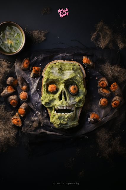 Zombie Bread Bowl Cob Loaf Recipe | Halloween DIY | Now thats Peachy Spooky Birthday Food, Zombie Food Ideas, Spooky Food Ideas Creepy Halloween, Zombie Food Party Ideas, Skull Bread Recipe, Frankenstein Food Ideas, Coffin Bread Bowl, Mexican Cob Loaf, Halloween Bread Bowl