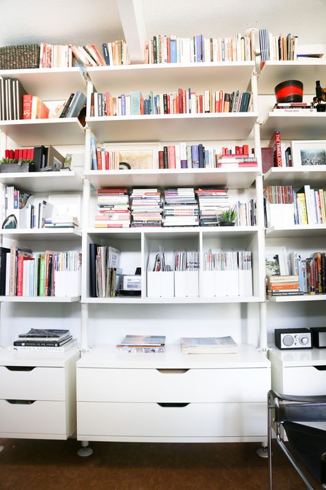 How we adapted the Ikea Stolmen closet system as office bookshelves (Ikea Hack) Ikea Track Shelving, Elvarli Bookshelf, Ikea Algot Bookshelves, Wall Of Ikea Bookshelves, Ikea Elvarli Bookshelf, Ikea Bookshelves Office, Ikea Home Office Shelving, Diy Shelving System, Ikea Shelving Unit Living Room