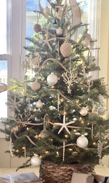 Boho Coastal Christmas Tree, Flocked Coastal Christmas Tree, Coastal Christmas Tree Skirt, Seaside Christmas Decor, Costal Christmas Aesthetic, Beachy Christmas Tree Ideas, Coastal Farmhouse Christmas Tree, Beach House Christmas Tree, Costal Christmas Decorations