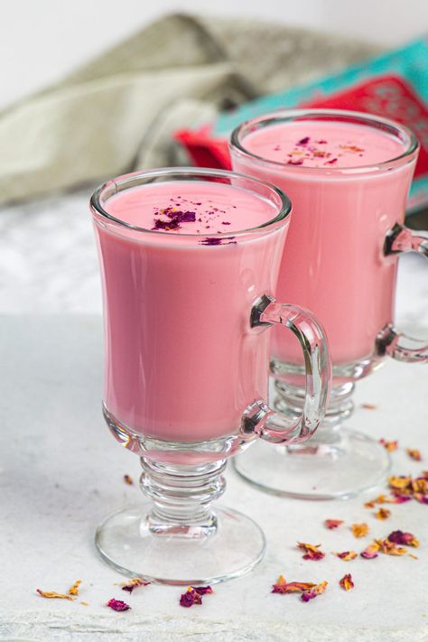 You’ll love this easy and quick-to-make rose milk! It’s made with simple 4 ingredients and gets ready in 2 minutes only. Enjoy it cold as a refreshing summer drink. Rose Milk Aesthetic, Rose Milk Recipe, Food Esthetics, Craving Food, Rose Drink, Saved Pictures, Indian Drinks, Views Nature, Rose Milk