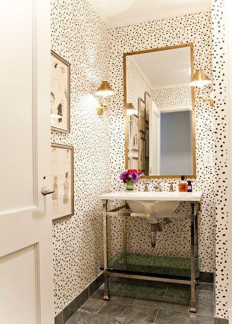 15 Incredible Small Bathroom Decorating Ideas - bold black and white spotted  wallpaper styled with a minimalist sink and gold mirror | StyleCaster Thibaut Wallpaper, Bad Inspiration, New York Homes, Bathroom Decorating, Design Seeds, Inspiring Spaces, Bathroom Wallpaper, Small Bathroom Decor, Humble Abode