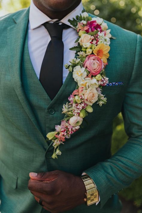 Floral Mens Outfit, Floral Lapel Groom, Eclectic Mens Wedding Attire, Spring Wedding Suits Groom, Unique Groom Attire Vintage, Floral Lapel Wedding, Wildflower Wedding Groom, Flower Grandma Wedding, Non Traditional Groom Attire