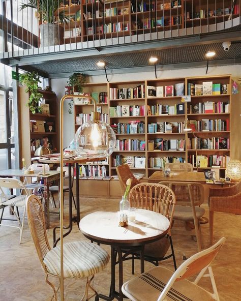 Cafe And Library Design, Cafe In Library, Cafe With Bookstore, Book And Cafe Aesthetic, Bakery With Library, Bookstore Cafe Owner Aesthetic, Bookstore Bakery Aesthetic, Cafe And Bookstore Coffee Shop, Bookshop Cafe Interior Design