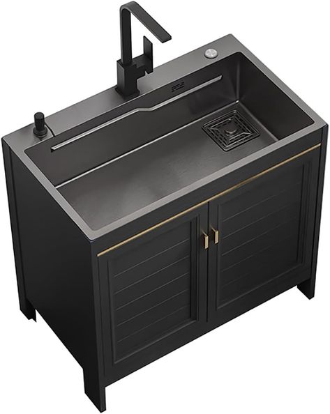 Amazon.com: Free Standing Utility Sink Kitchen Sink Commercial Sink with Cold and Hot Water Pipe Faucet and Storage Shelves for Kitchen Bathroom Restaurant Farmhouse Laundry Outdoor Indoor Black. (Size : 80x45x8 : Tools & Home Improvement Utility Sink In Garage Ideas, Utility Sink In Kitchen, Free Standing Sink Kitchen, Laundry Sinks Ideas, Garage Sink And Counter, Black Utility Room, Utility Sink Backsplash, Garage Sink Ideas, Utility Sink In Garage