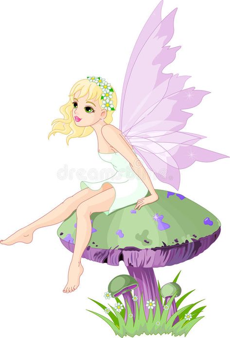 Fairy on the Mushroom. Sweet fairy elf sitting on mushroom stock illustration Fairy Vector, Fairy Birthday Themes, Fairy Cartoon, Fairy Sitting, Fairy Drawings, Fairy Images, Baby Fairy, Fairies Elves, Kawaii Doodles