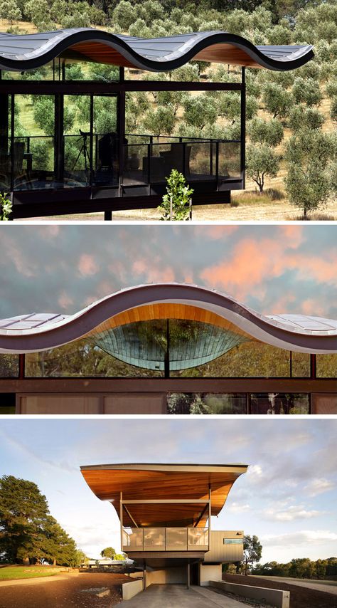 This modern house in Australia features a sculptural and wavy roof made from metal and wood, that's been designed to mimic the rolling hills surrounding the home. Wavy Roof, House In Australia, Landscaping Around House, Australian House, Pavilion Architecture, Fibreglass Roof, Timber Roof, Roof Architecture, Organic Architecture