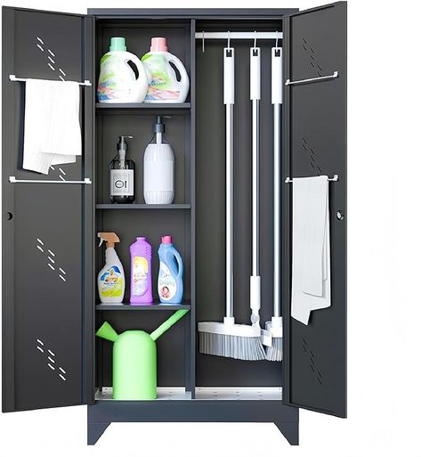 Amazon.com: VASAAOSD 71" Broom Closet Cabinet with Hanging Rod, Tall Bathroom Storage Cabinet, Cleaning Tool Cabinet for Utility Room and Garage, Black Metal Storage Cabinet : Patio, Lawn & Garden Broom Closet Cabinet, Broom Cabinet, Broom Storage, Tall Bathroom Storage Cabinet, Tall Bathroom Storage, Metal Storage Cabinet, Cleaning Cabinets, Closet Cabinet, Broom Closet