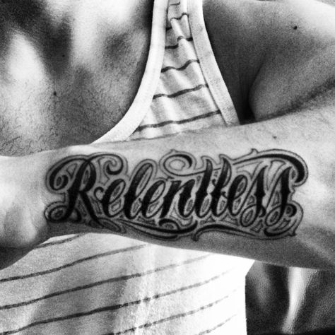 Relentless tattoo dope Relentless Tattoo Fonts, Relentless Tattoo, Word Tattoo, Forarm Tattoos, Medusa Tattoo, Stomach Tattoos, Body Is A Temple, Tattoo Meaning, Word Tattoos